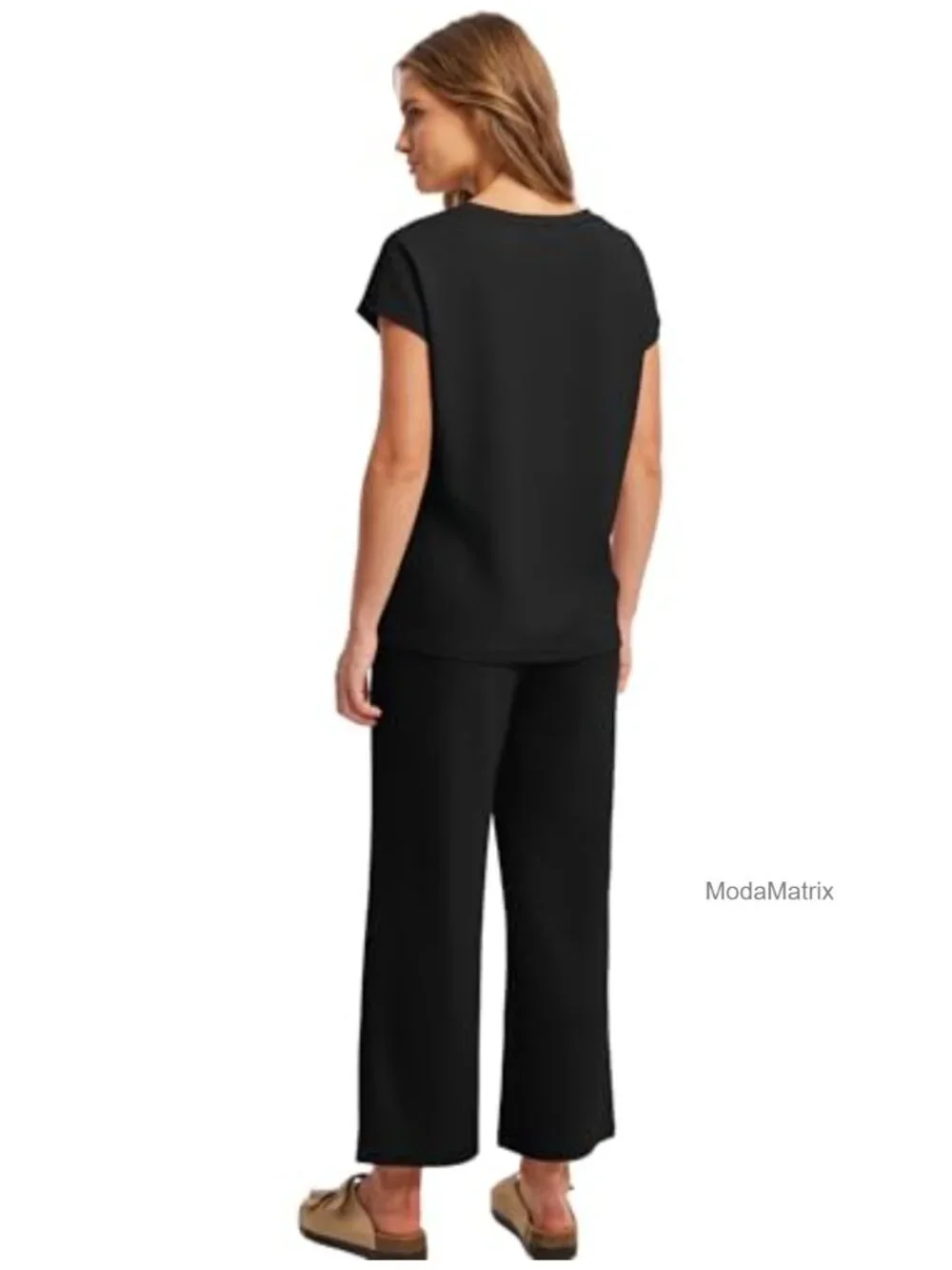Two Piece Lounge Set V Neck Cap Sleeve Top Wide Leg Pants 4-Way Stretch